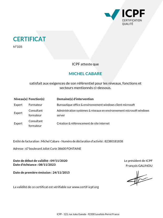 certificat ICPF CNEFOP formateur Expert windows server a grenoble